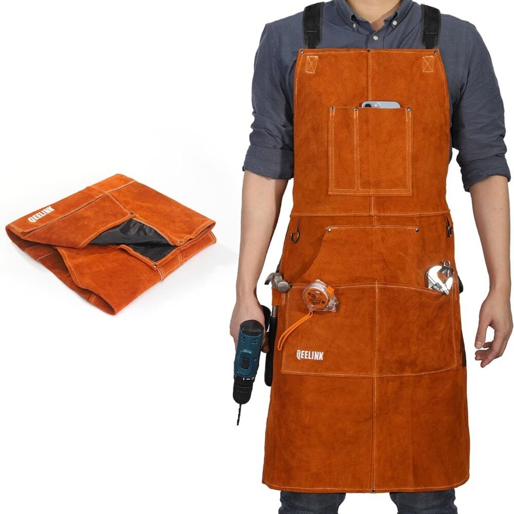 Leather Welding Work Apron with 6 Tool Pockets, Heat & Flame Resistant Apron, 24